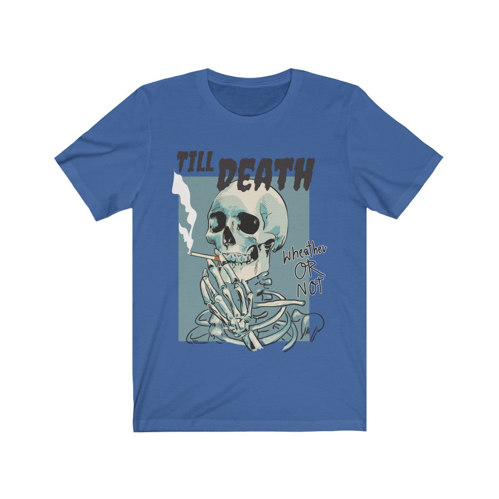 A stylish unisex t-shirt featuring a Smoking Skeleton graphic, made from soft cotton fabric.